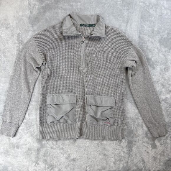 LRL LAUREN 100% COTTON KNIT GRAY SWEATER  Medium 2 Front Pockets - Picture 1 of 7